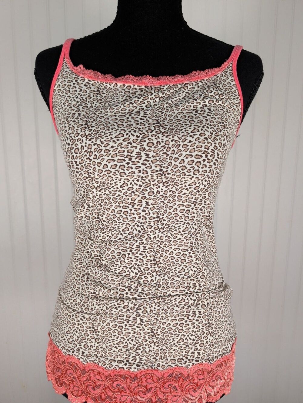 Y2K Maidenform Sweet Nothing Leopard Print Camisole Tank Pink Lace Trim Large